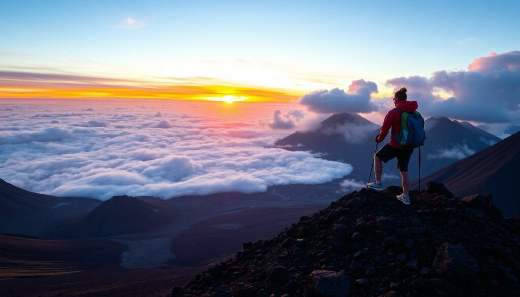 Ein Wanderer besteigt den Piton de la Fournaise