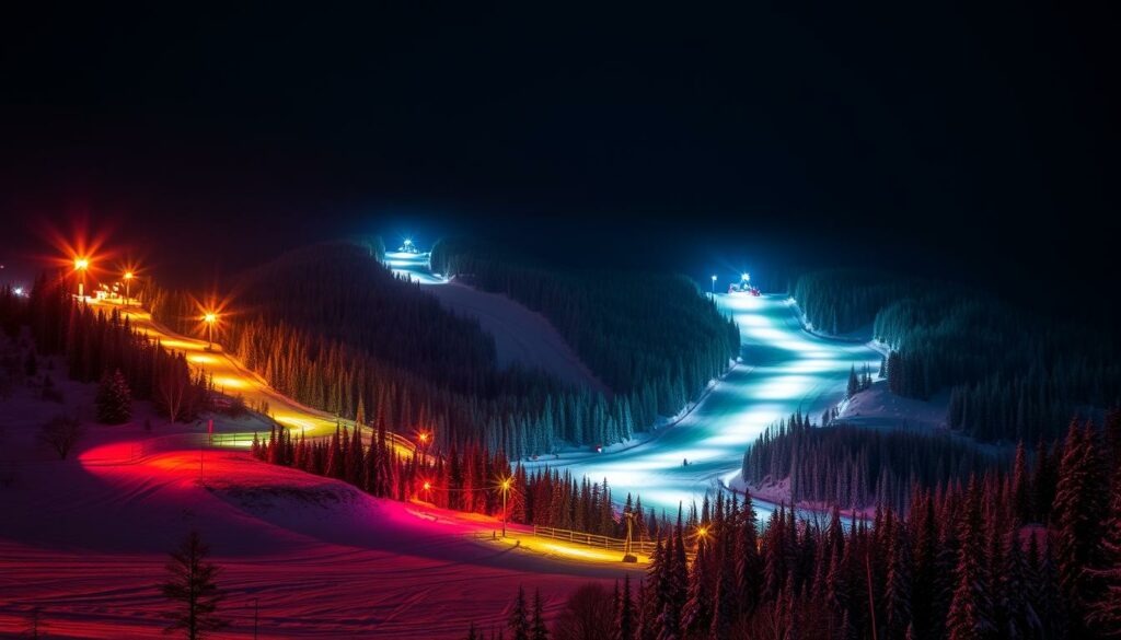 Ein beleuchtete Piste in Québec