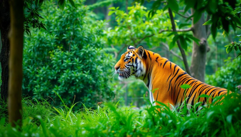 Ein majestätischer Tiger in seinem natürlichen Lebensraum in einem der vielen indischen Nationalparks.
