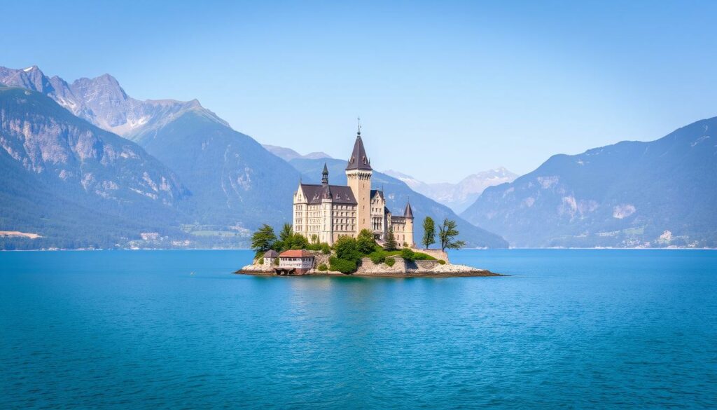 Ein majestätisches Schloss auf einer kleinen Felseninsel im Genfer See, umgeben von Bergen und klaren Wassern.