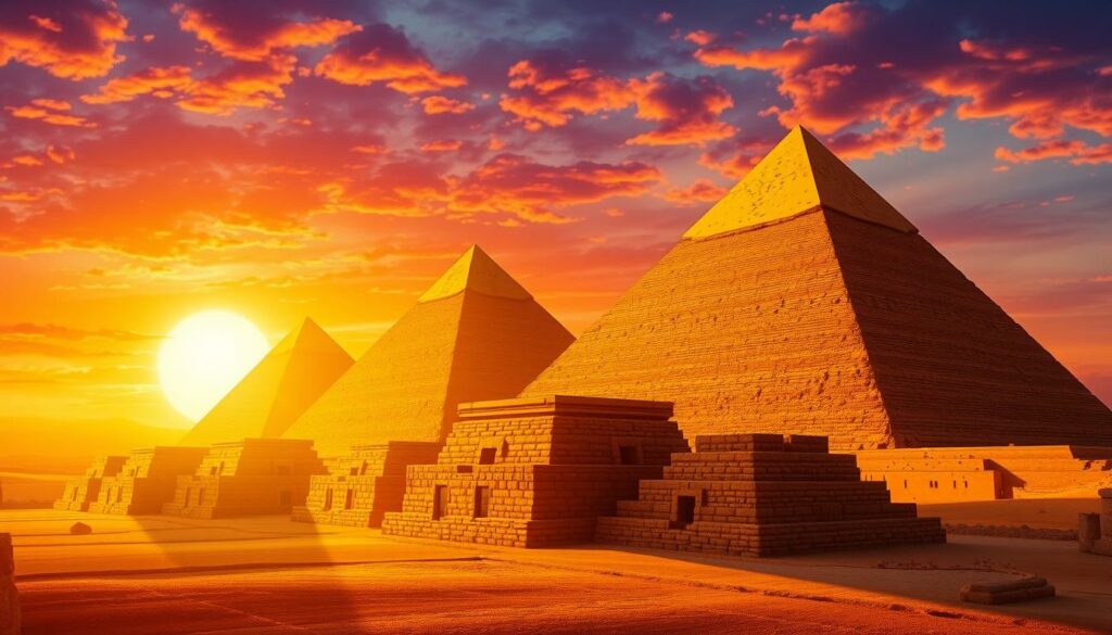 Eine Abbildung der Pyramiden von Gizeh bei Sonnenaufgang
