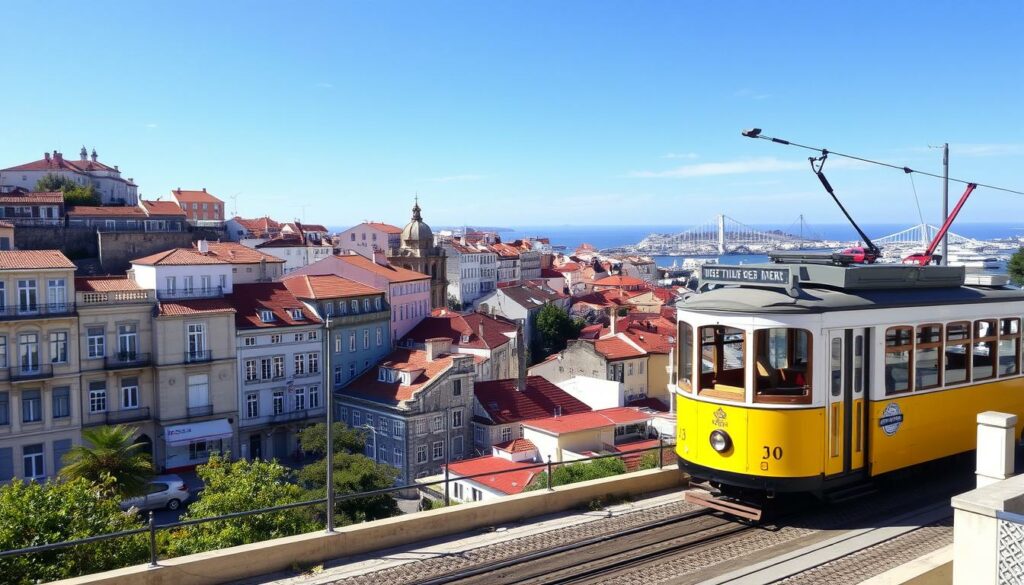 Eine Stadtansicht von Lissabon mit dem berühmten gelben Straßenbahn
