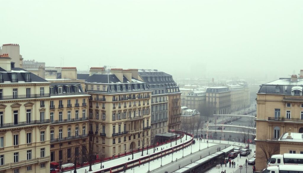Eine Stadtansicht von Paris oder Venedig im Februar