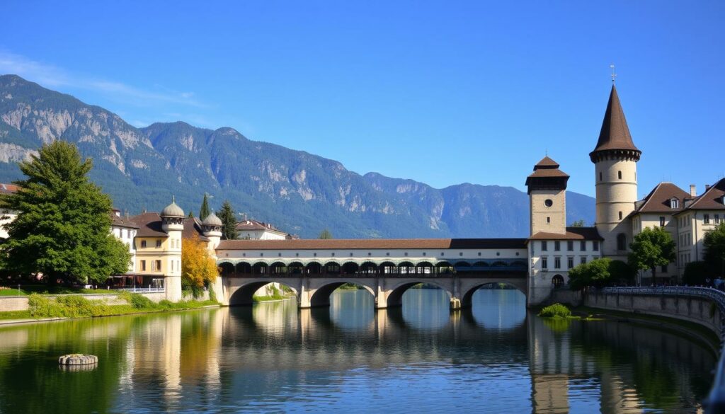 Eine idyllische Stadtansicht von Luzern mit der historischen Kapellbrücke und dem Wasserturm.