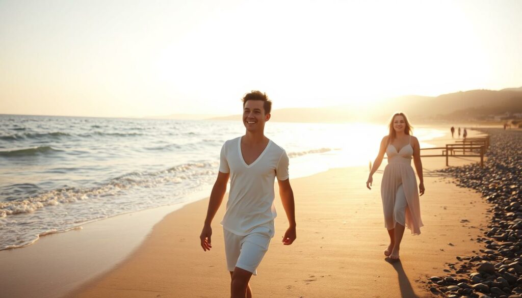 Flitterwochen am Meer: A tranquil seaside scene, the sun's golden glow casting a warm embrace over the gentle waves lapping at the shore. In the foreground, a young couple strolls hand-in-hand, their expressions radiant with the joy of newlywed bliss. The middle ground features a picturesque beach, dotted with soft sand and smooth pebbles, while in the distance, rolling hills and a quaint village nestle against the horizon. The lighting is soft and diffused, creating a serene, romantic atmosphere, as if captured through the lens of a vintage camera. A sense of timeless, idyllic wonder pervades the scene, inviting the viewer to imagine the cherished memories being made in this enchanting seaside getaway.