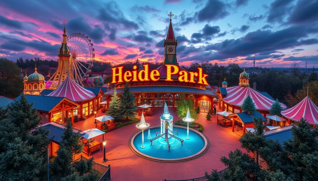 Generiere ein Bild vom Heide Park mit seinen verschiedenen Attraktionen und Themenwelten.