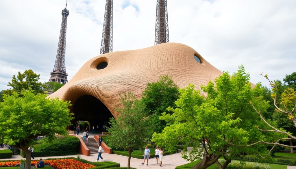 Generiere ein Bild vom Musée du Quai Branly mit seiner einzigartigen Architektur und dem Eiffelturm im Hintergrund