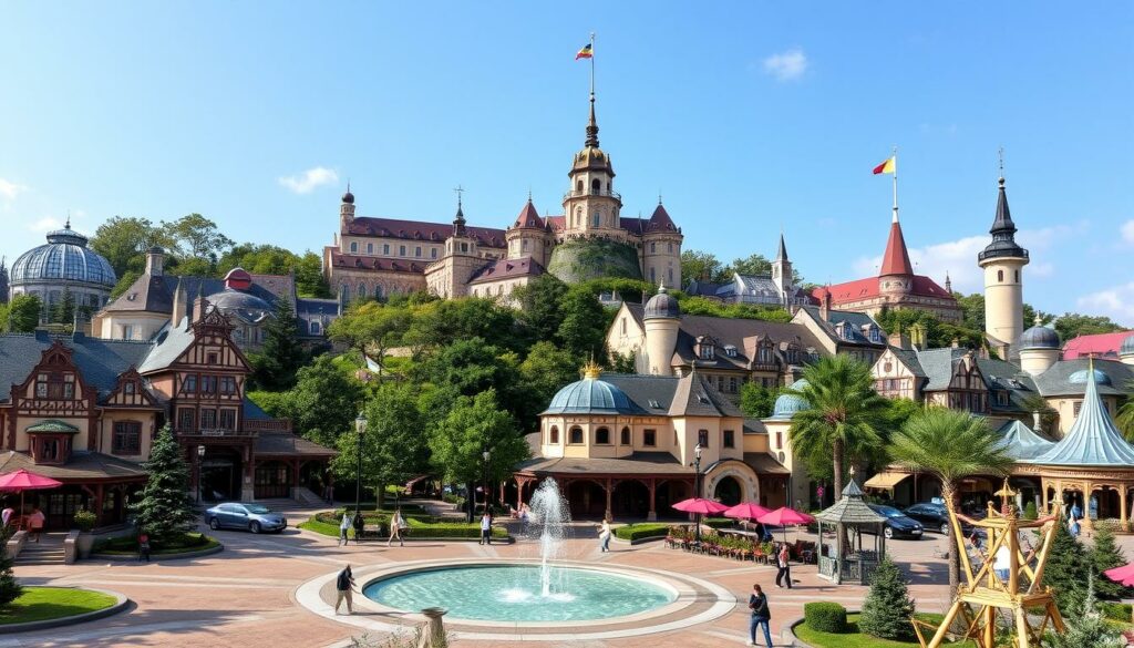 Generiere ein Bild von Europa-Park mit verschiedenen Themenbereichen