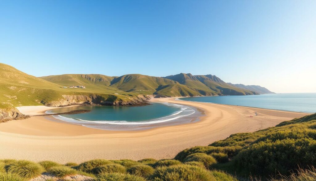 Generiere ein Bild von der Playa de Gulpiyuri, einem der bekanntesten Strände Asturiens.