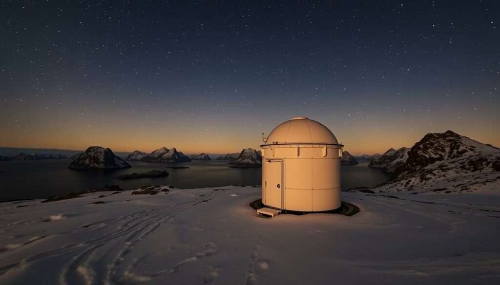 Generiere ein Bild von einem abgelegenen Beobachtungsplatz auf den Lofoten unter dem Sternenhimmel.