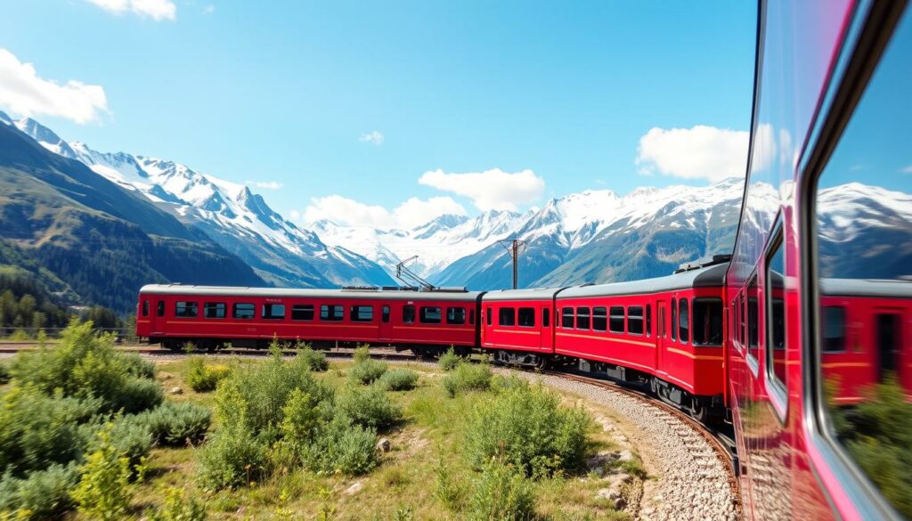 Generiere ein Bild von einem roten Panoramazug, der durch die Alpen fährt.