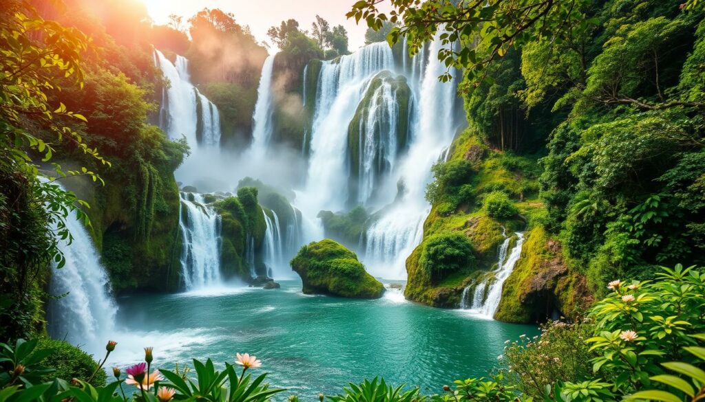 Iguazu Waterfalls in Spring: A lush, verdant oasis amidst the subtropical rainforest. Cascades of crystal-clear water tumble over towering cliffs, mist-shrouded and illuminated by the warm glow of the sun. Vibrant green foliage frames the scene, with delicate flowers dotting the riverbanks. A wide-angle lens captures the grandeur of this natural wonder, with the waterfall's thunderous roar echoing through the air. The atmosphere is serene and tranquil, inviting visitors to immerse themselves in the beauty of this springtime marvel.