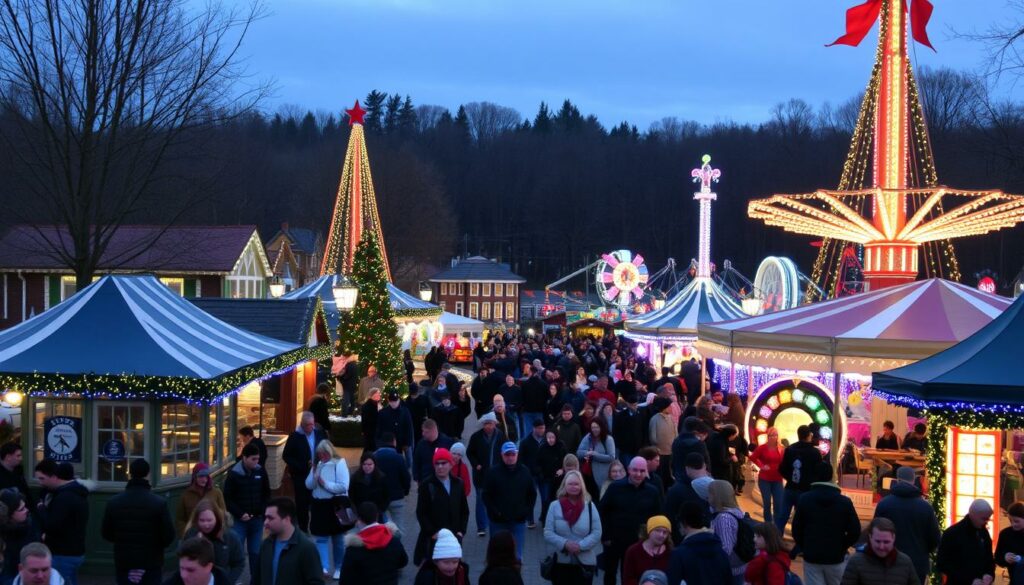 Image Generation Prompt: Heide Park während eines saisonalen Events mit Besuchern, die verschiedene Attraktionen genießen