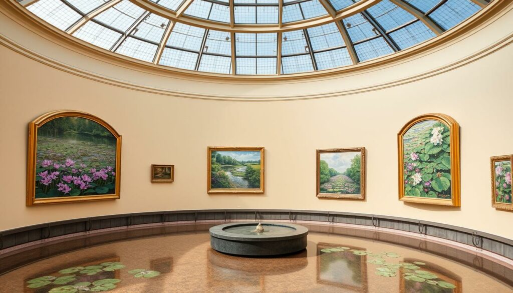 Image generation prompt: Ein Bild des Musée de l'Orangerie in Paris, mit Claude Monets Seerosen-Gemälden in den ovalen Räumen.