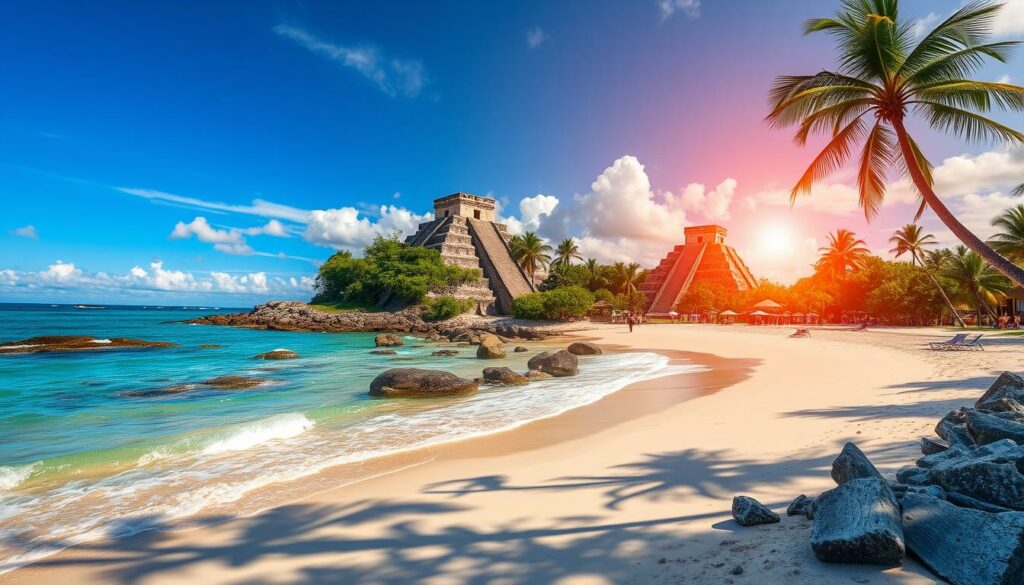 Image of a Mexican beach with ancient Mayan ruins in the background