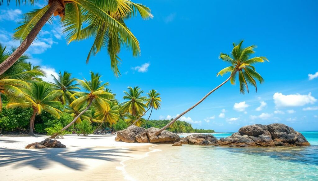 Image of a beautiful beach in the Dominican Republic with clear waters and palm trees