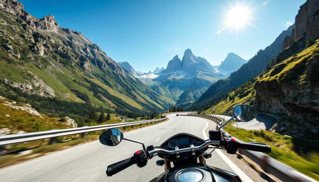 Image of a motorcyclist riding through the Dolomites