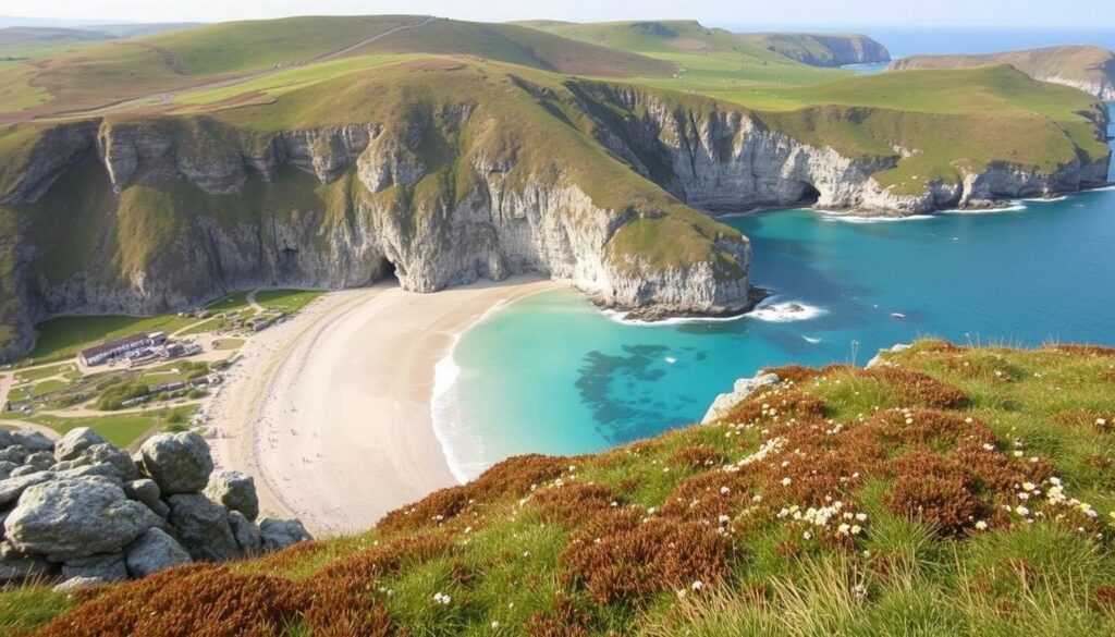 Image of the South West Coast Path with dramatic cliffs and turquoise bays