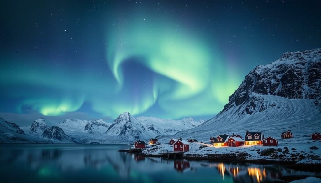 Lofoten's iconic Northern Lights dance across the night sky, casting a mesmerizing glow over the rugged, snow-capped mountains. In the foreground, a tranquil fjord reflects the celestial display, its calm waters mirroring the ethereal ribbons of green and purple. Dotting the landscape are traditional Norwegian red cabins, their warm lights a welcoming contrast to the crisp, arctic air. The scene is bathed in a soft, natural light, captured through the lens of a wide-angle camera, conveying the grandeur and stillness of this breathtaking winter wonderland. The mood is one of awe and serenity, inviting the viewer to immerse themselves in the mesmerizing beauty of Lofoten's best time for witnessing the Nordlichter.