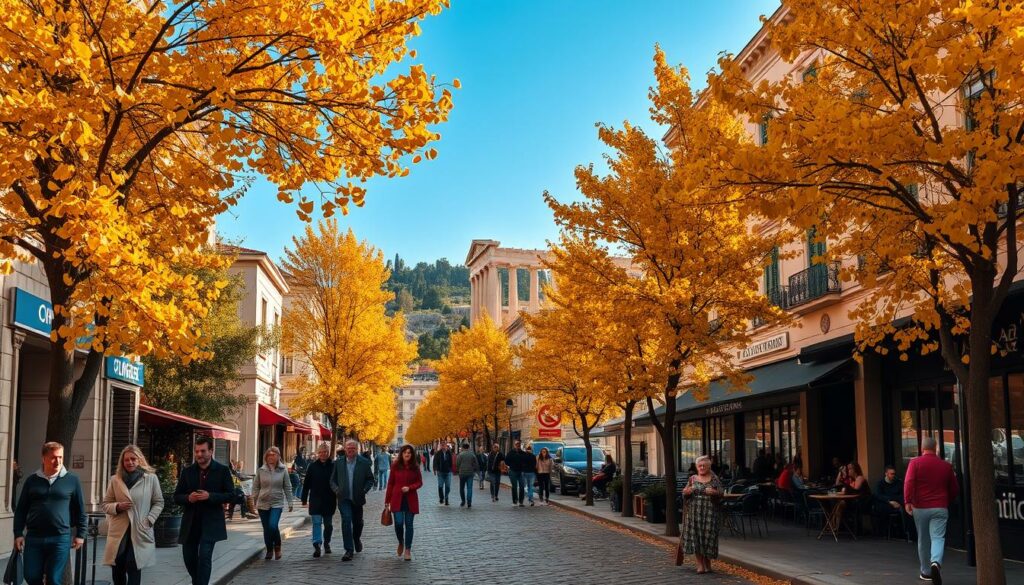 Lush, autumnal scenery in the historic city of Athens, Greece. A picturesque street lined with ancient buildings and ginkgo trees, their golden leaves gently falling in the soft, warm light of an October afternoon. In the foreground, a group of locals and tourists stroll leisurely, taking in the vibrant colors and rich cultural atmosphere. Across the cobblestoned road, a bustling outdoor cafe spills onto the sidewalk, creating a lively, convivial ambiance. The Acropolis and Parthenon stand proudly in the distance, a timeless backdrop to this quintessential Athenian autumn scene.