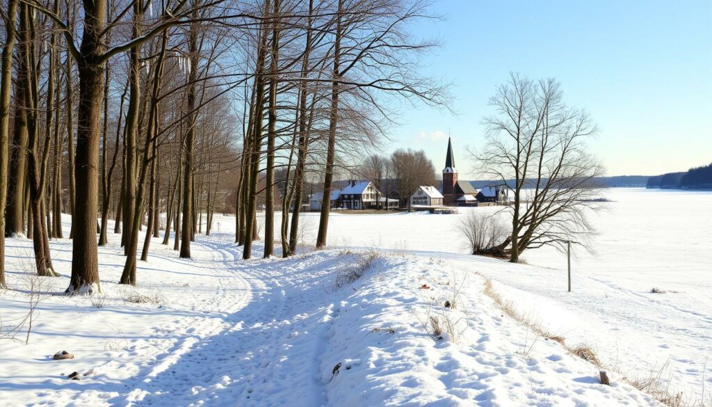 Picturesque winter landscape on the island of Hiddensee. In the foreground, a snow-covered path winds through a dense forest of tall, bare trees. Icicles hang from the branches, casting delicate shadows on the pristine white blanket below. In the middle ground, a small, quaint village emerges, its half-timbered houses and church steeple dusted in a layer of fresh snow. Smoke curls from the chimneys, hinting at the cozy warmth within. The background is dominated by a serene, frozen lake, its mirror-like surface reflecting the clear, pale blue sky above. The overall scene conveys a sense of tranquility and stillness, perfectly capturing the essence of winter on the island of Hiddensee.