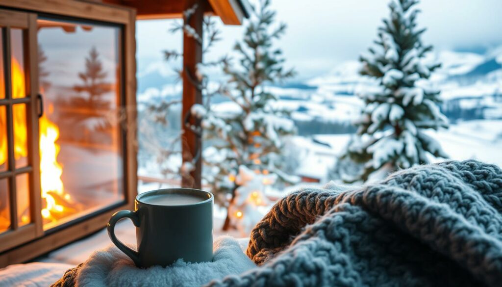 Reiseziel Klima: A cozy cabin nestled in a snowy landscape, with a roaring fireplace visible through the frosty window. The foreground features a steaming mug of hot cocoa and a warm knitted blanket, inviting the viewer to embrace the hygge of a wintertime getaway. In the middle ground, a pair of snow-covered pine trees frame the cabin, their branches glistening under the soft, natural lighting of an overcast day. The background showcases a panoramic view of rolling hills blanketed in pristine white, with distant mountains hinting at the majesty of the alpine setting. The overall atmosphere evokes a sense of peaceful solitude and the simple pleasures of a December retreat.