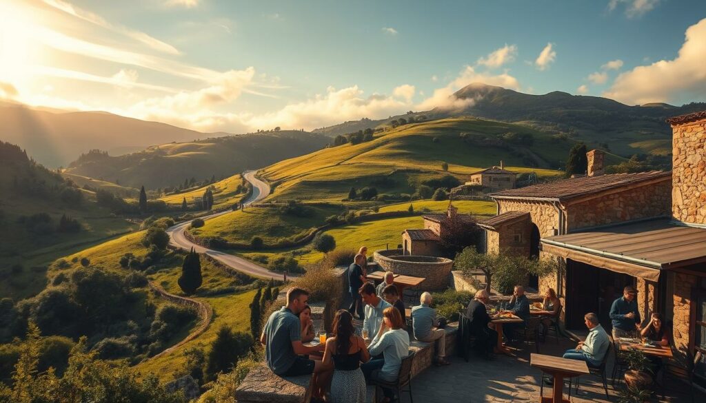 Serene landscape showcasing the allure of off-the-beaten-path travel destinations. A meandering country road winds through a verdant, rolling hillside dotted with charming stone cottages and lush, untamed foliage. Warm, golden sunlight filters through wispy clouds, casting a dreamlike glow over the scene. In the foreground, a quaint café terrace bustles with locals and travelers enjoying refreshments, engaging in lively conversation. The overall atmosphere evokes a sense of tranquility, discovery, and the joy of immersing oneself in unique cultural experiences.