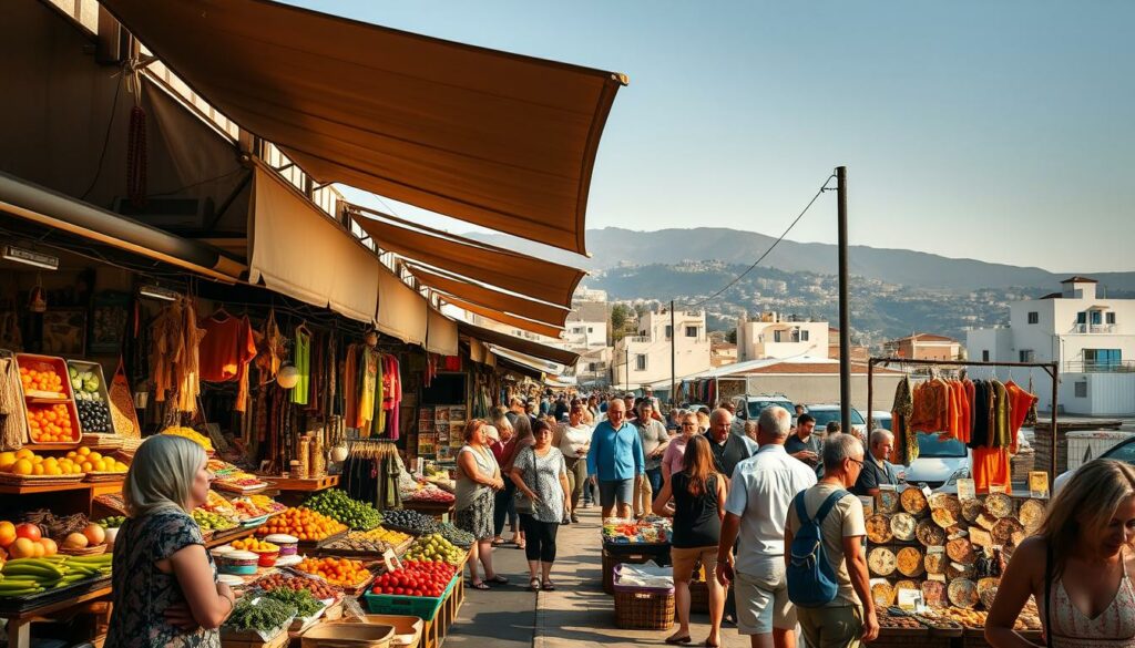 Vibrant marketplace in the Turkish Aegean, displaying seasonal price fluctuations. Bustling stalls offer a variety of local goods - fresh produce, handcrafted textiles, and unique trinkets. Warm Mediterranean light filters through shaded canopies, casting a golden glow over the lively scene. Bargaining locals and curious tourists navigate the dynamic ebb and flow, showcasing the region's economic rhythm. In the background, whitewashed buildings and distant hills provide a picturesque coastal backdrop. An atmospheric snapshot capturing the ebb and flow of prices in the Aegean, reflecting the best time to visit for budget-conscious travelers.