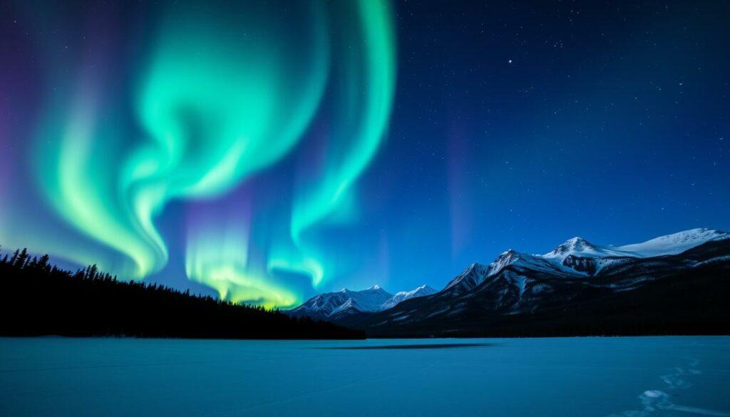 Vivid northern lights dancing across the vast, star-studded sky over the Canadian subarctic wilderness. In the foreground, silhouetted boreal forest stretches into the distance, blanketed in pristine snow. Swirling ribbons of emerald, violet, and cerulean aurora borealis shimmer and pulse overhead, casting an ethereal glow on the rugged, snow-capped mountains in the middle ground. A serene, reflective lake mirrors the celestial spectacle, creating an otherworldly, dreamlike scene. Dramatic, low-angle shot captured with a wide-angle lens to convey the grandeur and scale of this natural wonder in the remote Canadian North.