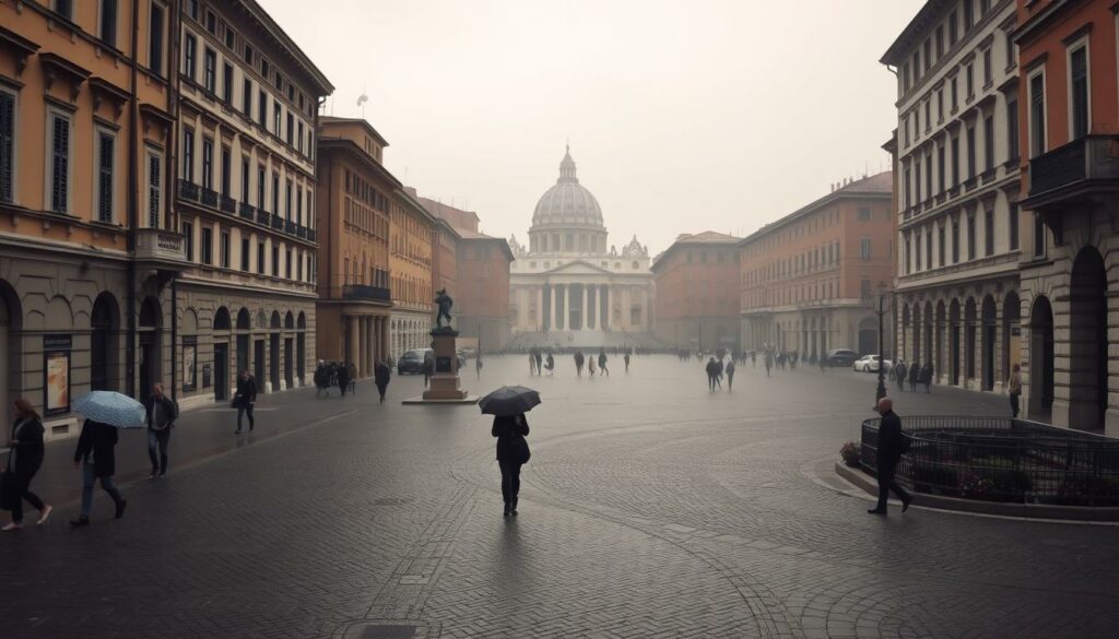 Winding streets of Rome in October, with a soft mist enveloping the historic buildings. Cobblestones glistening under the muted autumn sun, as a light drizzle falls from the overcast sky. Pedestrians strolling with umbrellas, their figures casting long shadows across the piazza. In the distance, the iconic dome of St. Peter's Basilica emerges through the haze, a timeless landmark against the moody, atmospheric backdrop. The scene exudes a sense of tranquility and timelessness, capturing the essence of Rome in the shoulder season.