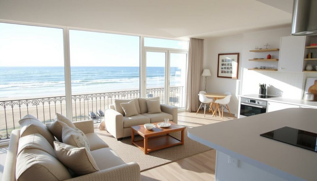 A beachfront vacation apartment with a stunning view of the North Sea on the island of Borkum. The sun-drenched living room features large windows that frame the rolling waves and sandy beach just steps away. Plush neutral furniture and wood accents create a cozy, modern aesthetic. A balcony with wrought-iron railings offers an outdoor seating area to enjoy the salty sea air and tranquil sounds of the waves. The kitchen is well-equipped, with sleek appliances and ample counter space. Soft lighting and nautical decor throughout evoke a serene, coastal ambiance perfect for a relaxing island getaway.