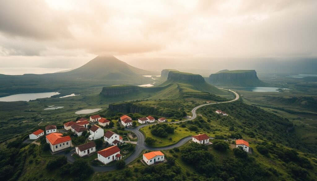 A breathtaking aerial view of the lush, verdant Azores archipelago, captured through the lens of a high-resolution camera. In the foreground, a cluster of traditional white-washed houses with terracotta roofs, nestled amidst vibrant green landscapes. Mid-frame, a winding road snakes through rolling hills, flanked by azure blue lakes and towering volcanic peaks. The background is dominated by a dramatic, overcast sky, casting a warm, golden glow over the entire scene. The image conveys a sense of tranquility and adventure, inviting the viewer to explore the practical tips for navigating this enchanting and unspoiled region.