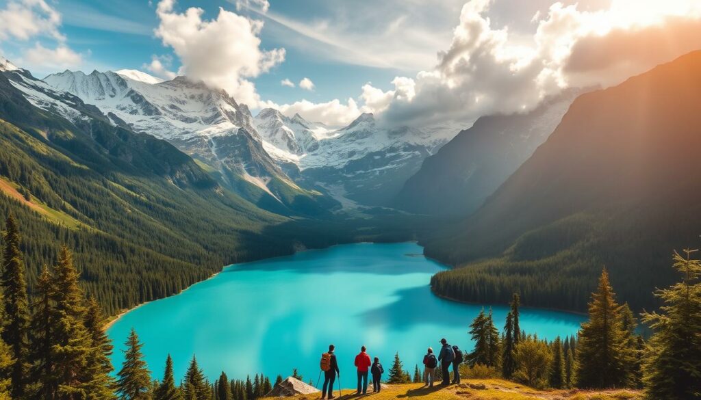 A breathtaking alpine landscape in the Swiss Alps, with a serene turquoise lake nestled between towering, snow-capped peaks. Lush, verdant forests line the shores, and a soft, warm light filters through wispy clouds, casting a magical glow over the scene. In the foreground, a group of hikers pause to take in the stunning vistas, their figures silhouetted against the dramatic backdrop. The image captures the awe-inspiring natural beauty and tranquility of the Swiss wilderness, inviting the viewer to embark on an unforgettable journey through this remarkable country.