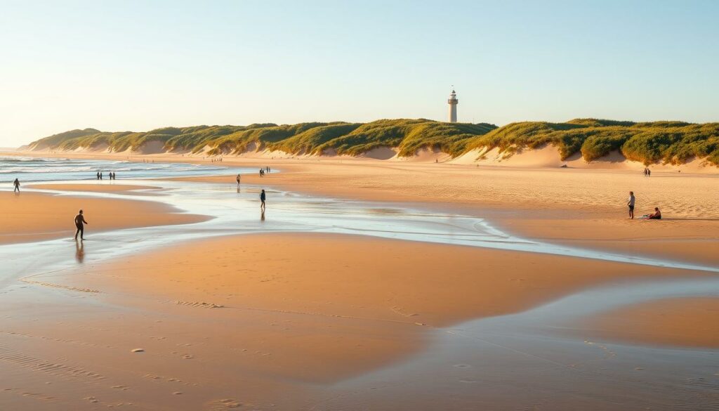 A breathtaking beach scene on the island of Norderney, captured with a wide-angle lens to showcase the expansive stretch of golden sand and the gently lapping waves of the North Sea. In the foreground, a scattering of beachgoers enjoying the sun and tranquility, their figures casting long shadows across the wet sand. In the middle ground, the iconic Strandkörbe, or beach baskets, dotting the shoreline, their vibrant colors adding a touch of whimsy to the serene landscape. The background is dominated by the rolling dunes, covered in lush, verdant vegetation, and the distant silhouette of the island's historic lighthouse, a testament to Norderney's rich maritime heritage. The scene is bathed in a warm, golden light, creating a sense of timelessness and natural beauty that perfectly encapsulates the charm and allure of this beloved seaside destination.