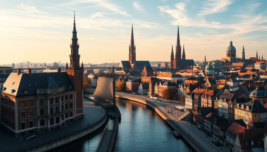 A breathtaking cityscape of Gdańsk (Danzig), the historic port city in northern Poland. In the foreground, the iconic architecture of the Main Town Hall with its ornate red-brick facade and towering spire stands tall, casting long shadows under the golden hour sunlight. In the middle ground, the winding Motława River flows calmly, flanked by rows of colorful, gabled burgher houses typical of Hanseatic Brick Gothic style. Beyond, the soaring spires and domes of St. Mary's Church, the largest brick church in the world, dominate the skyline, set against a soft, hazy blue sky with wispy clouds. The overall scene evokes a timeless, picturesque charm that captures the essence of Gdańsk's living history and architectural grandeur.
