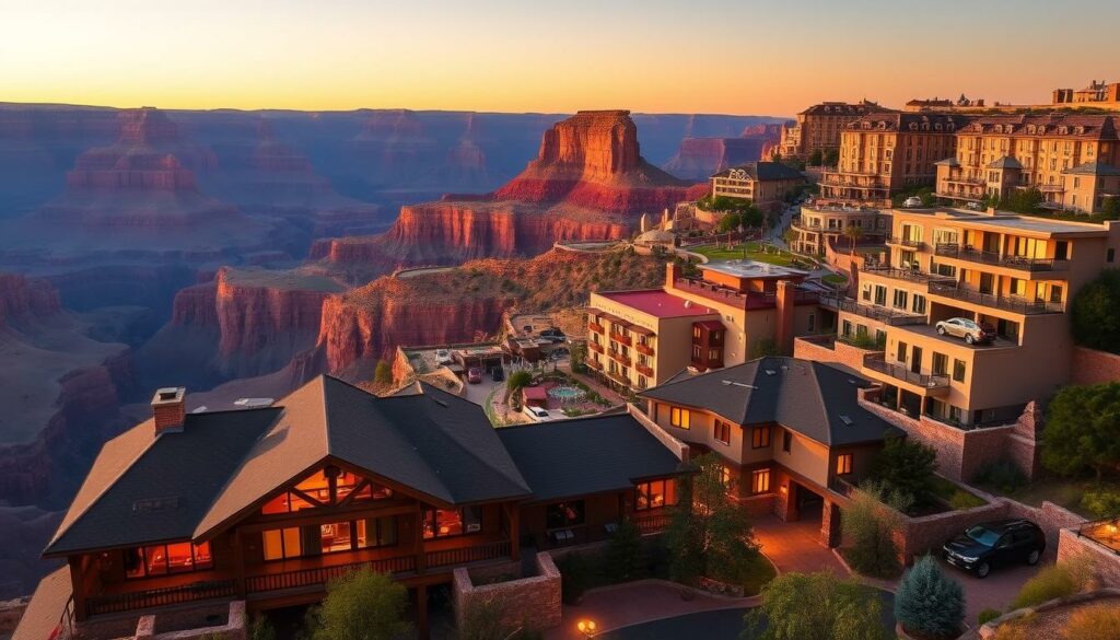 A breathtaking panorama of hotels nestled along the majestic Grand Canyon, their warm, inviting facades contrasting with the rugged, awe-inspiring landscape. In the foreground, a quaint, rustic lodge with a grand porch and wooden beams, its windows aglow with the soft light of welcoming interiors. In the middle ground, modern hotels with sleek, contemporary designs stand in harmony with the natural surroundings, their balconies offering sweeping vistas of the iconic canyon below. In the background, the towering, multi-hued cliffs of the Grand Canyon stretch out, bathed in the golden glow of the setting sun, creating a sense of timeless wonder and adventure.