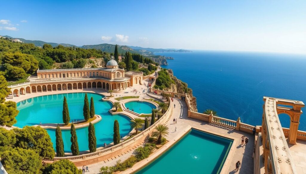 A breathtaking, panoramic view of the Kallithea Therme on the Greek island of Rhodes. The ancient thermal spring complex sits nestled within a lush, verdant landscape, its elegant Baroque-style architecture bathed in warm, golden sunlight. In the foreground, a serene pool of turquoise blue water reflects the surrounding cliffs and cypress trees. Visitors stroll along the promenade, taking in the stunning natural scenery and the impressive stone archways and pavilions. In the distance, the deep blue waters of the Aegean Sea shimmer under a cloudless sky. The scene exudes a sense of tranquility and timelessness, inviting the viewer to experience the restorative powers of this historic thermal spa.
