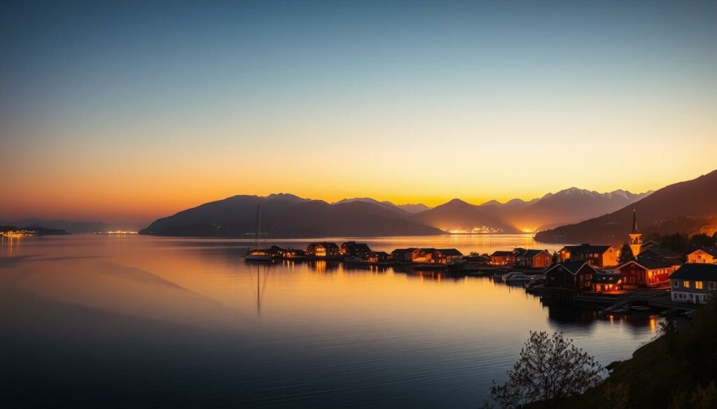 A breathtaking panoramic view of the Oslo Fjord at midnight, bathed in the ethereal glow of the midnight sun. In the foreground, the still waters of the fjord reflect the warm golden tones of the sky, creating a mesmerizing mirror effect. In the middle ground, picturesque Norwegian wooden houses and sailboats dot the shoreline, their warm lights casting a cozy ambiance. Beyond, the majestic mountains rise up, their peaks capped with a soft, hazy blue hue. The scene is infused with a sense of tranquility and timelessness, inviting the viewer to immerse themselves in the natural beauty and the unique experience of the Norwegian summer.