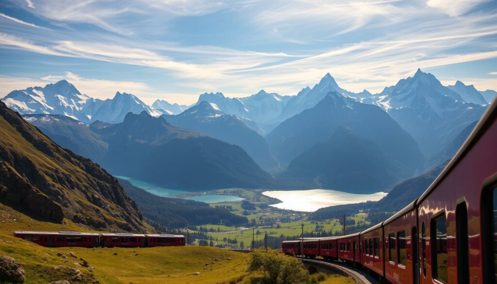 A breathtaking panoramic view of the picturesque Graubünden region in Switzerland. In the foreground, the iconic red coaches of the Rhaetian Railway wind their way through the rugged alpine landscape, offering passengers a front-row seat to the stunning natural scenery. Towering snow-capped peaks rise majestically in the background, their jagged silhouettes casting long shadows across the lush, verdant valleys below. Shimmering lakes reflect the azure sky, their crystalline waters a perfect mirror for the surrounding mountains. Warm, golden sunlight filters through wispy clouds, bathing the scene in a warm, inviting glow. The overall atmosphere is one of serene tranquility, inviting the viewer to embark on a captivating journey through this breathtaking region.