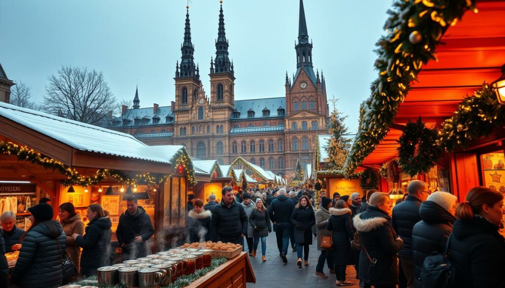 A bustling Christmas market in Leipzig, Germany. In the foreground, a cozy wooden stall offers steaming mugs of Glühwein, the traditional mulled wine, along with an array of homemade Leckereien - delectable treats like gingerbread, Lebkuchen, and roasted chestnuts. The middle ground is filled with crowds of merry visitors browsing the stalls, their breath visible in the crisp winter air. In the background, the towering spires of historic buildings are dusted with a light layer of snow, creating a picturesque, fairy-tale-like scene. Warm, golden lighting from the market stalls illuminates the festive atmosphere, casting a glow over the entire composition. Captured with a wide-angle lens to emphasize the bustling energy and sense of festive community.