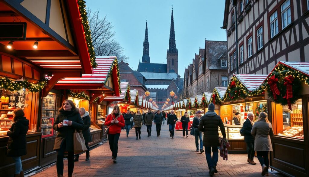 A bustling Christmas market in Nuremberg, Germany, captured through the lens of a wide-angle camera. In the foreground, a group of visitors stroll along the cobblestone paths, carrying shopping bags and glühwein mugs. The middle ground showcases the iconic red-and-white striped stalls, their gabled roofs adorned with twinkling lights. In the background, the towering spires of historic buildings rise, casting long shadows across the scene. The overall atmosphere is one of festive cheer, with warm lighting illuminating the market and a touch of snow dusting the ground, creating a cozy, winter wonderland ambiance.
