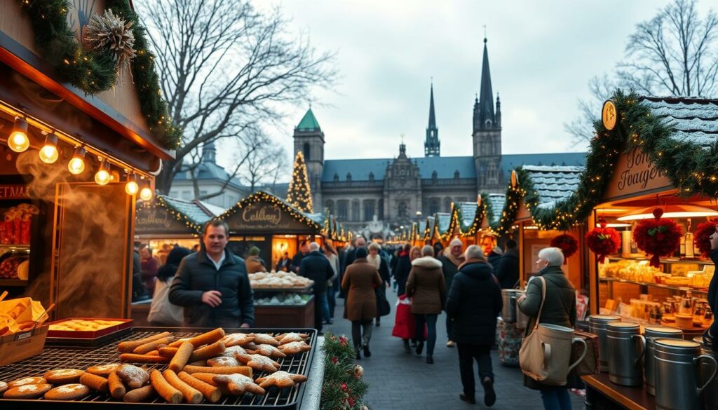 A bustling Christmas market in the heart of Frankfurt, Germany. In the foreground, an array of mouthwatering culinary delights: steaming bratwurst sizzling on a grill, gingerbread cookies dusted with powdered sugar, and fragrant mulled wine being served in traditional mugs. In the middle ground, vendors' stalls adorned with twinkling lights and festive decorations, offering handcrafted crafts and trinkets. The background features the iconic Frankfurt skyline, with the towering spires of the Römer and the cathedral silhouetted against a softly lit winter sky. The scene is suffused with the warmth and cheer of the holiday season, inviting viewers to experience the captivating sights, sounds, and flavors of the Frankfurter Weihnachtsmarkt.