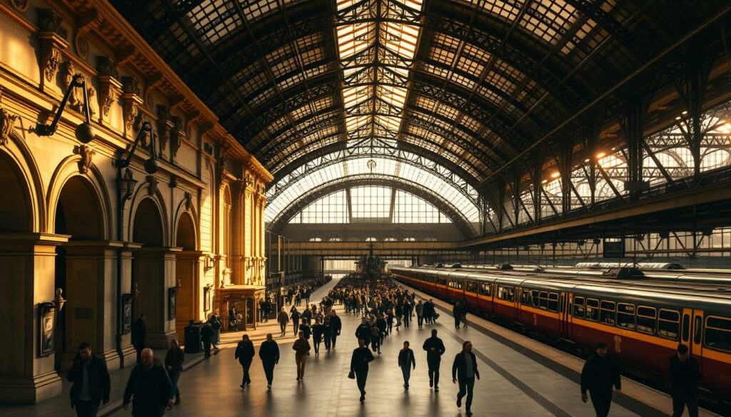 A bustling Parisian train station with a grand, Beaux-Arts facade in the foreground, its arched entryways and elaborate stone carvings bathed in warm, golden light. In the middle ground, travelers hurry across the concourse, their silhouettes adding a sense of activity and movement. Beyond, the platforms stretch out, flanked by impressive wrought-iron canopies that cast dramatic shadows. The atmosphere is one of efficiency and elegance, reflecting the station's role as a vital transportation hub and a showcase of French architectural prowess.