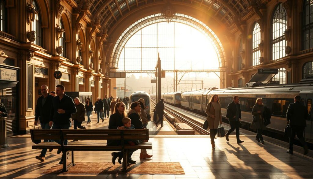 A bustling Parisian train station, with ornate Belle Époque architecture and a busy concourse. The scene is bathed in warm, golden light filtering through tall, arched windows, casting long shadows across the polished marble floors. Commuters and travellers hurry past, their silhouettes adding a sense of motion and energy to the composition. In the foreground, a well-dressed family waits on a weathered wooden bench, their faces aglow with anticipation. The middle ground features intricate ironwork, decorative tilework, and the sleek, modern lines of high-speed trains waiting to depart. The background is filled with the hazy silhouettes of distant platforms, signals, and the iconic Parisian skyline visible through the station's grand entrances.