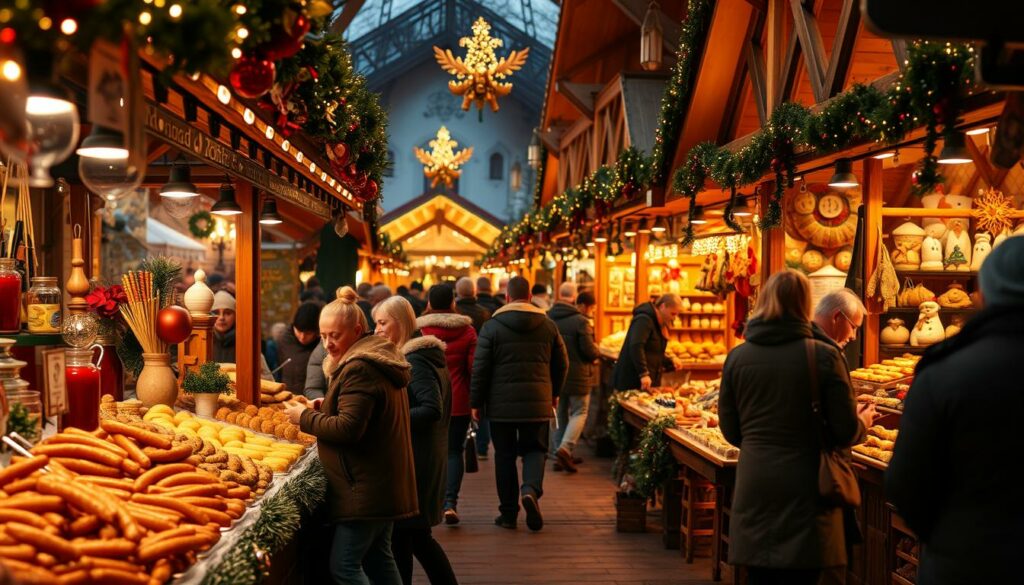 A bustling Weihnachtsmarkt (Christmas market) in Stuttgart, Germany, showcasing an array of mouthwatering culinary specialties. In the foreground, a vendor's stall overflows with steaming bratwurst, sizzling glühwein, and freshly baked lebkuchen (gingerbread). The middle ground features an array of handcrafted ornaments, wooden toys, and local artisanal products. In the background, a warm glow emanates from the market's wooden stalls, creating a cozy and festive atmosphere. The scene is bathed in a golden, soft light, capturing the essence of the holiday season. Shoppers stroll leisurely, immersed in the sights, sounds, and aromas of this cherished German tradition.