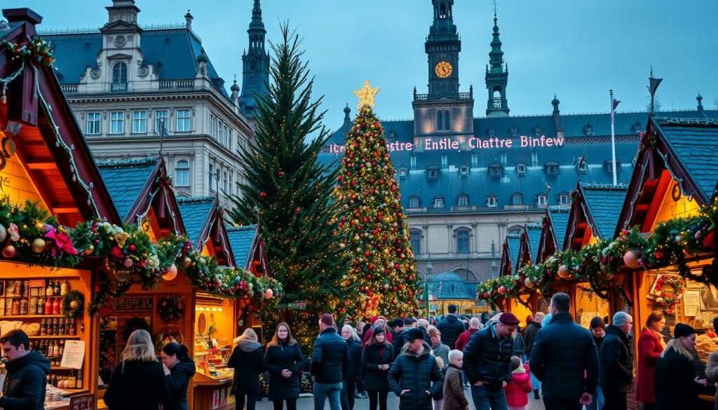 A bustling Weihnachtsmarkt (Christmas market) in the heart of Dresden, Germany. In the foreground, a vibrant array of handcrafted wooden stalls overflowing with traditional Christmas ornaments, local crafts, and the enticing aroma of mulled wine and freshly baked Stollen. The middle ground features a large, elegantly decorated Christmas tree as the centerpiece, surrounded by families browsing the stalls and enjoying the festive atmosphere. In the background, the historic architecture of Dresden's old town provides a picturesque setting, bathed in the warm glow of twinkling lights and lanterns. A lively performance by musicians and costumed entertainers adds to the immersive cultural experience. The scene exudes a joyful, family-friendly vibe, capturing the essence of the Dresdner Striezelmarkt's diverse and engaging holiday program.
