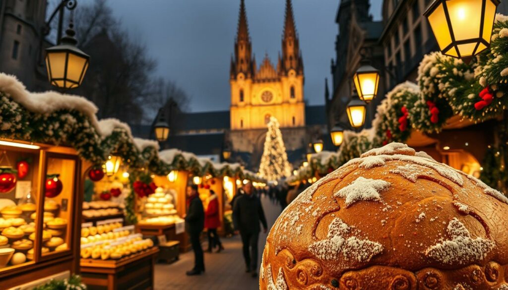 A bustling Weihnachtsmarkt in Dresden, the historic Christstollen stands prominently in the foreground, its golden-brown crust glistening under the soft, warm glow of holiday lanterns. In the middle ground, wooden stalls overflow with handcrafted ornaments, steaming mugs of glühwein, and the tantalizing aroma of freshly baked pastries. The background is framed by the iconic spires and Gothic architecture of the city, creating a picturesque, cozy atmosphere perfect for a winter visit. The scene is captured with a wide-angle lens, emphasizing the charming, traditional ambiance of this cherished German Christmas market.
