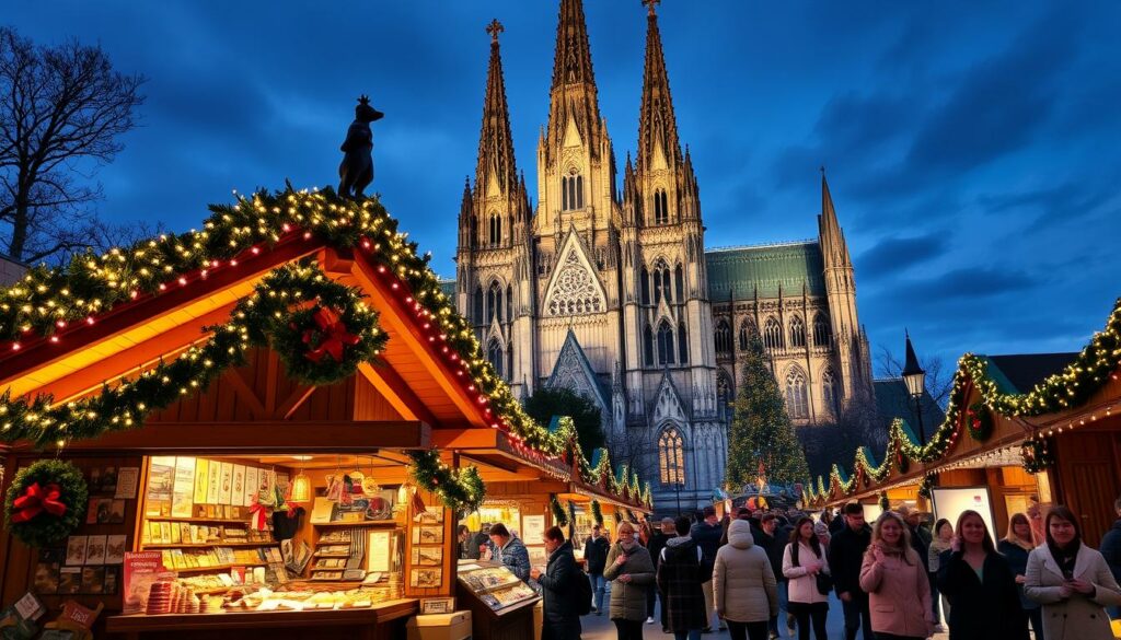 A bustling Weihnachtsmarkt scene at the iconic Kölner Dom, bathed in the warm glow of twinkling lights and festive decorations. In the foreground, a whimsical wooden hut selling traditional German delicacies and crafts, with a cozy fireplace and vendors in traditional attire. The middle ground features a crowd of joyful visitors strolling amidst the market stalls, sipping mulled wine and admiring the handmade trinkets. In the background, the majestic cathedral towers above, its gothic spires silhouetted against a twilight sky. The overall atmosphere is one of enchantment, nostalgia, and the spirit of the holiday season.
