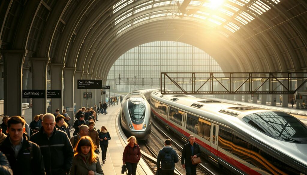 A bustling Zürich train station at midday, showcasing popular rail connections. In the foreground, passengers hurry along the platform, their expressions focused as they navigate the terminal. In the middle ground, long-distance trains depart and arrive, their sleek bodies gleaming under the warm, diffused lighting. The background reveals the station's grand, arched architecture, with sunlight filtering through the glass roof, creating a sense of openness and movement. The overall scene conveys the efficiency and modernity of Swiss rail transit, with a touch of energy and anticipation as travelers embark on their journeys.