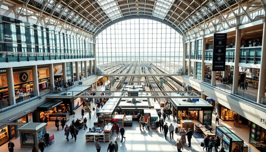 A bustling and expansive interior of the Berliner Hauptbahnhof, the main train station in Berlin, Germany. The cavernous space is filled with an array of shops, eateries, and amenities that cater to the needs of travelers. Sunlight streams in through the large glass windows, illuminating the clean and modern architecture. In the foreground, people stroll through the concourse, browsing the diverse selection of stores that offer a range of products, from local delicacies to high-end fashion. The middle ground features a mix of cafes, kiosks, and information desks, providing a comfortable respite for weary passengers. In the background, the platforms and train tracks are visible, serving as a constant reminder of the station's primary function as a hub of transportation. The overall atmosphere is one of bustling activity and convenience, showcasing the extensive services and amenities available to those passing through the Berliner Hauptbahnhof.